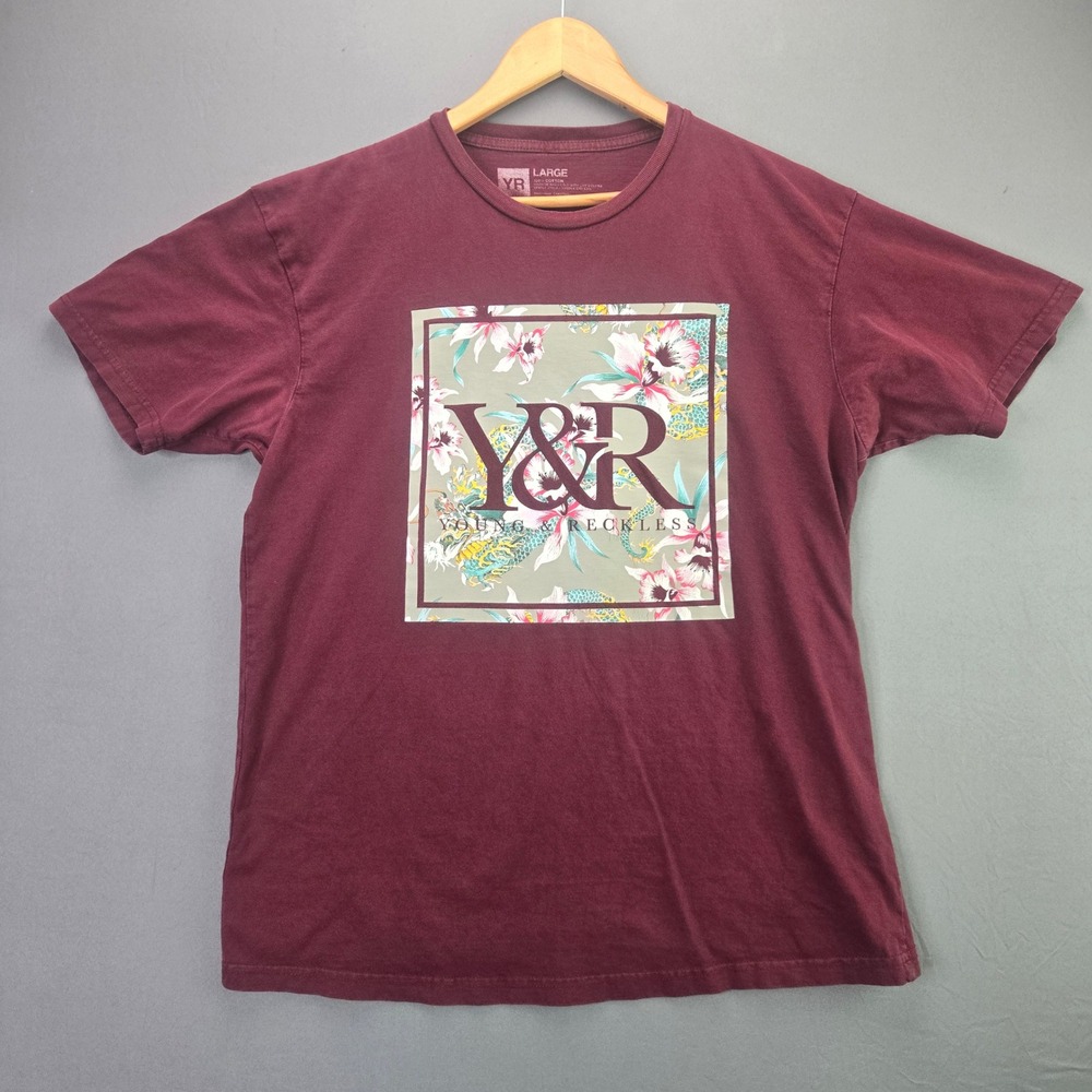 Young & Reckless Shirt Mens Large Maroon Floral Dragon Graphic Tee Streetwear